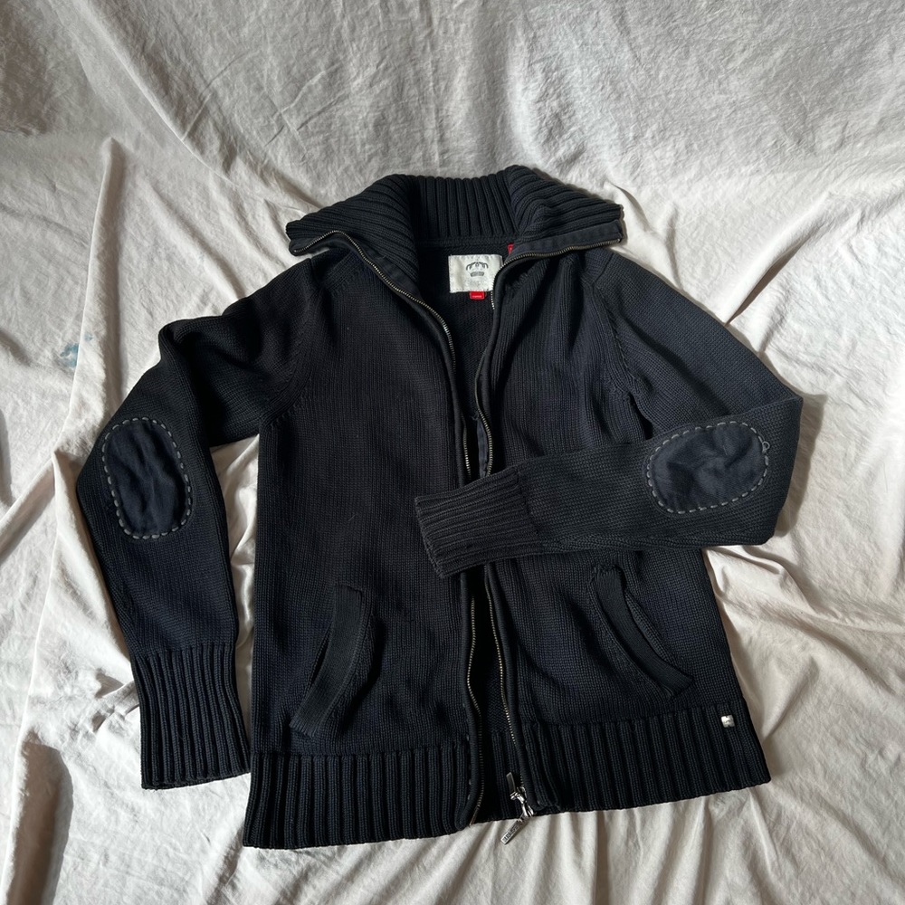 Esprit  Y2K Double Zip Black Ribbed Knit Sweater Sz M